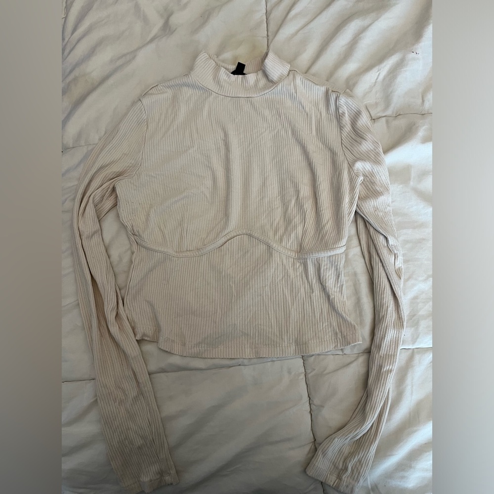 Dynamite Cropped Ribbed Long Sleeve Top - Cream
